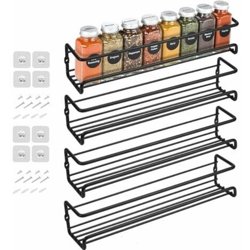 Odipie – Lot de 4 étagères à épices en acier au carbone – Fixation murale avec adhésif ou vis – Dimensions 290x60x60mm – Pour cuisine et garde-manger