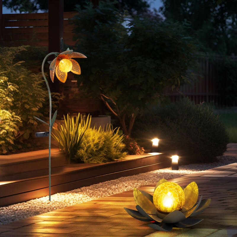 Décoration solaire led fleur de lotus piquet lampe de jardin lumière extérieure lampe solaire fleur, métal multicolore, boule aspect verre brisé, lot