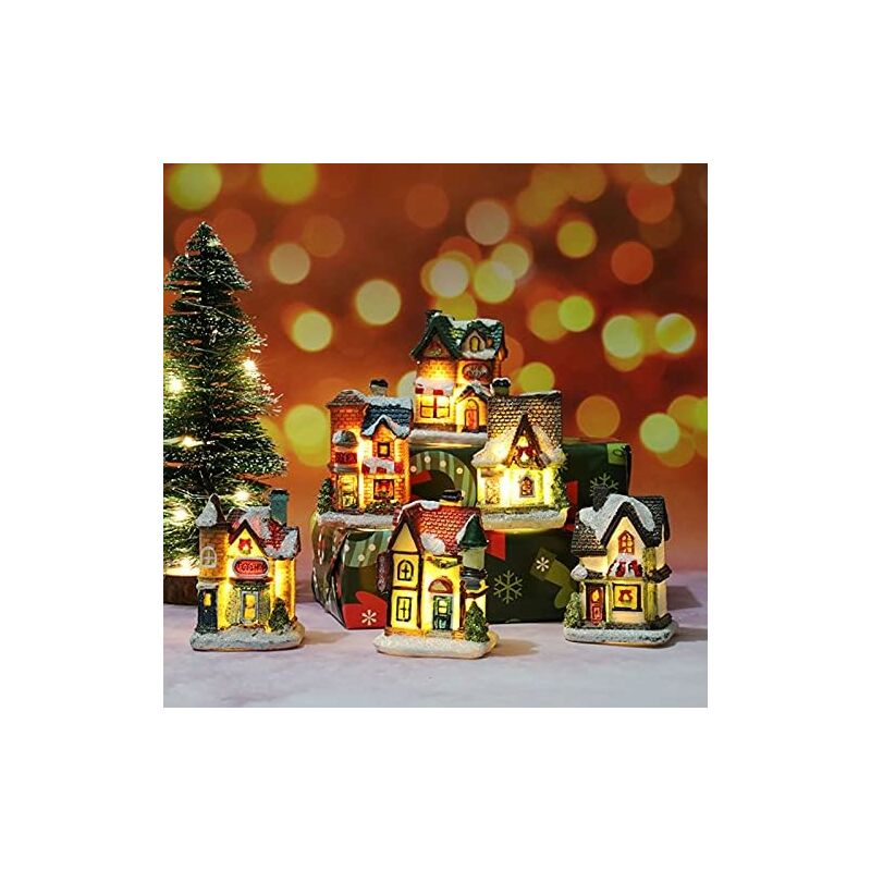 Decoration Village Noel Lumineux, 5 Pcs Decoration Noel Interieur Village Miniature, LED Maison de Noel Flocons de Neige kit, Deco de Noel Village