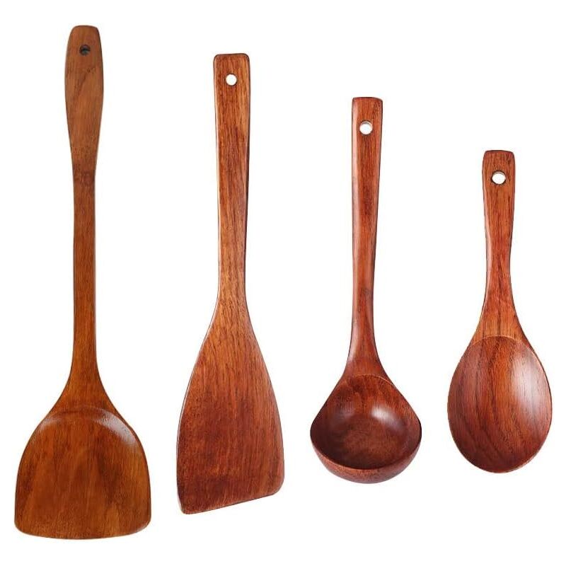 Ensemble de 4 ustensiles de cuisine spéciaux en bois avec poêle antiadhésive en laque ancienne Kemu, ustensiles et gadgets de cuisine, ustensiles de