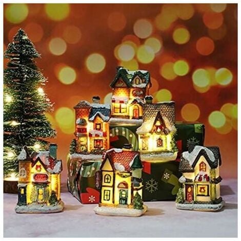 READCLY Decoration Village Noel Lumineux, 5 Pcs Decoration Noel Interieur Village Miniature, LED Maison de Noel Flocons de Neige kit, Deco de Noel Village Paysages en Résine Décoration de Table Intérieur