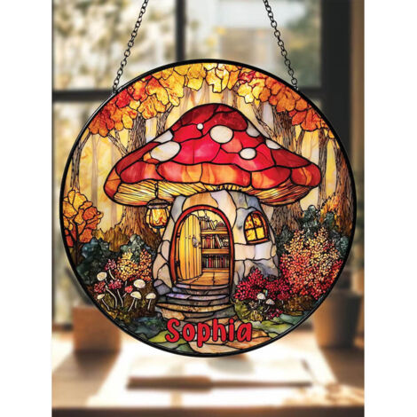 Décoration vitrail champignon maison 12,5 cm, attrape-soleil