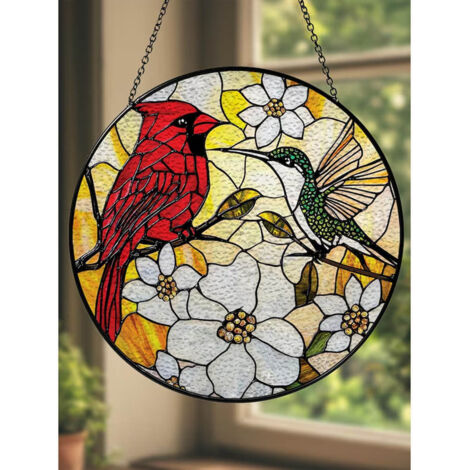 Décoration vitrail colibri fleurs 12,5 cm, attrape-soleil