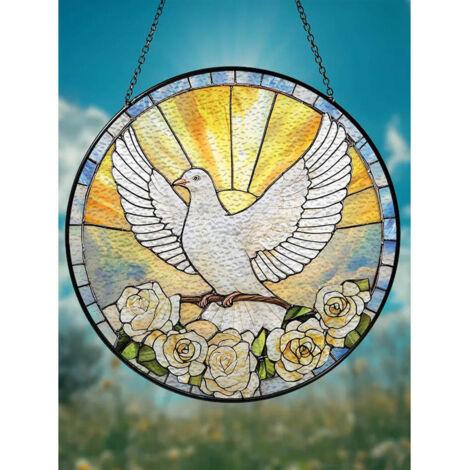 Décoration vitrail colombe 25 cm, attrape-soleil suspendu