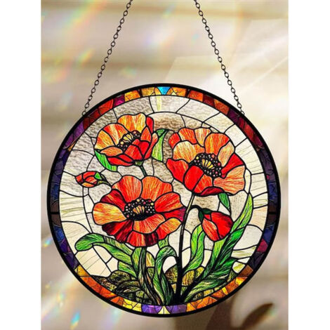 Décoration vitrail coquelicots 25 cm, attrape-soleil intérieur