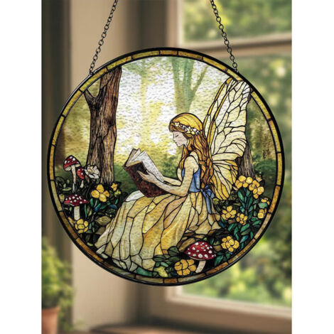 Décoration vitrail fée 25 cm, attrape-soleil suspendu
