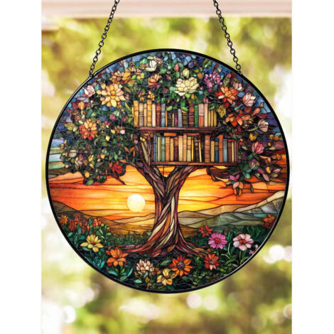 Décoration vitrail livre 25 cm, attrape-soleil suspendu