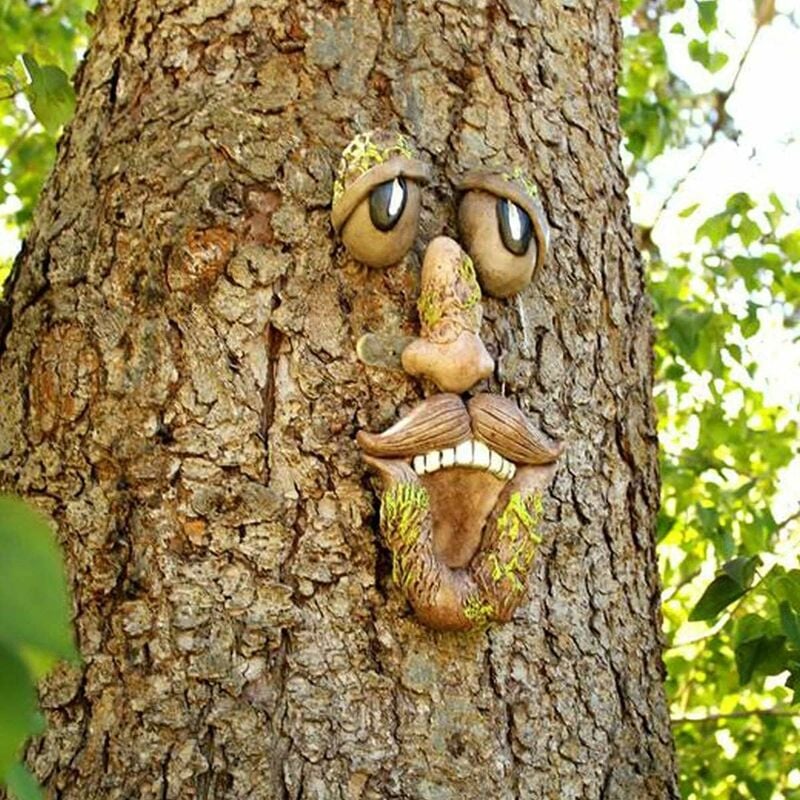 Linghhang - Décorations artistiques 3D en forme de visage d'arbre de vieil homme - Sculpture amusante de visage d'arbre fantaisiste - Décoration de