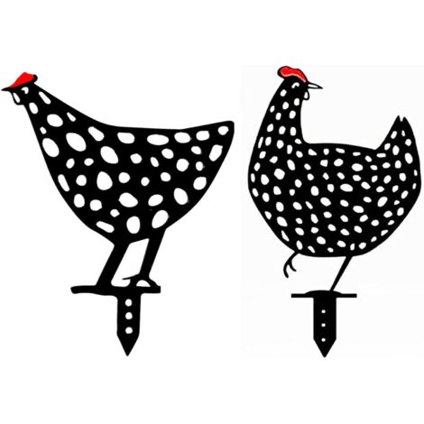 Décorations de jardin : poules, coq, statue de coq.