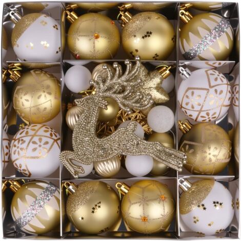 Décorations de Noël, boules de Noël vintage, décorations de Noël classiques à suspendre, ensemble de 45 pièces (blanc et or).