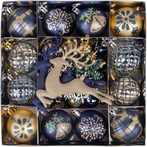 Décorations de Noël, boules de Noël vintage, décorations de Noël classiques à suspendre, ensemble de 45 pièces (bleu et or).