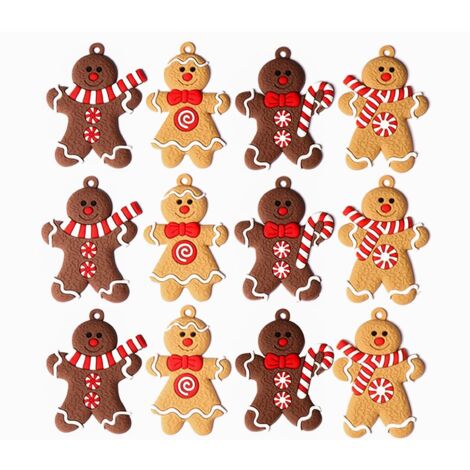 Décorations de Noël en pain d'épice, 12 pièces, ornements de Noël, figurines en pain d'épice, décorations en forme de canne à sucre, décorations de sapin de Noël en forme de bonhomme en pain d'épice