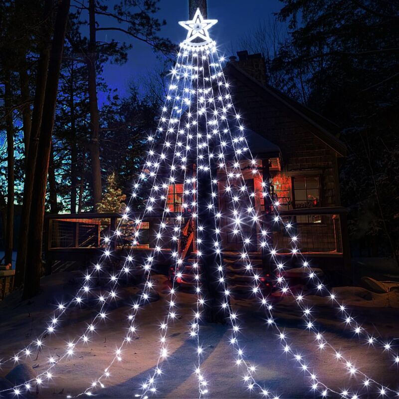 Décorations de Noël Guirlande lumineuse en forme d'étoile, guirlande lumineuse en forme d'arbre en cascade avec étoile supérieure, 8 modes de
