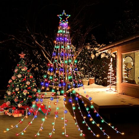 Décorations de Noël Guirlandes Étoiles, Cascade Arbre Lumières avec Topper Star 8 Modes d'éclairage Intérieur Extérieur Décoratif
