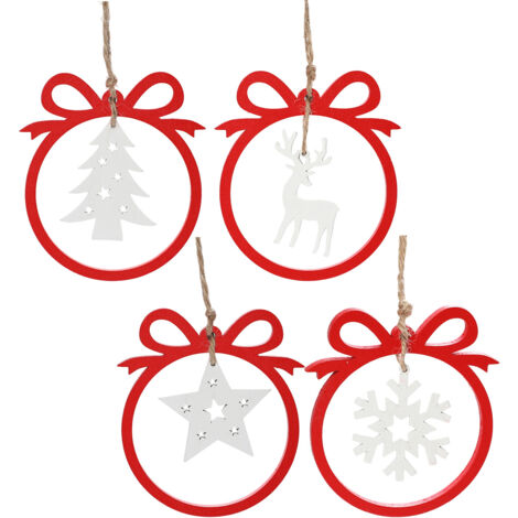 Décorations de Noël - Lot de 4 pendentifs en bois : sapin de Noël ajouré, étoile à cinq branches, élan enneigé, décorations de table hivernales, articles de fête
