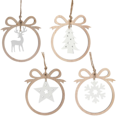 Décorations de Noël - Lot de 4 pendentifs en bois : sapin de Noël ajouré, étoile à cinq branches, élan enneigé, décorations de table hivernales, articles de fête