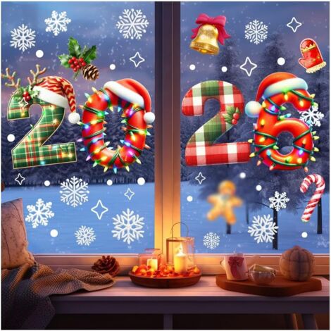 Décorations de Noël pour fenêtres en verre, motif chiffres du Nouvel An 2026, autocollants double face pour décorations de fête de Noël