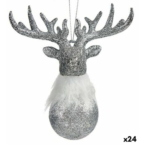 KRIST+ Décorations de Noël Renne Argenté Plastique Paillettes 13,5 x 15,5 x 7 cm (24 Unités)