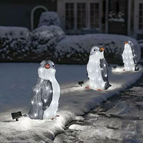Décorations d'extérieur de Noël pingouin illuminées 3 pièces avec lumières de jardin à DEL - petit