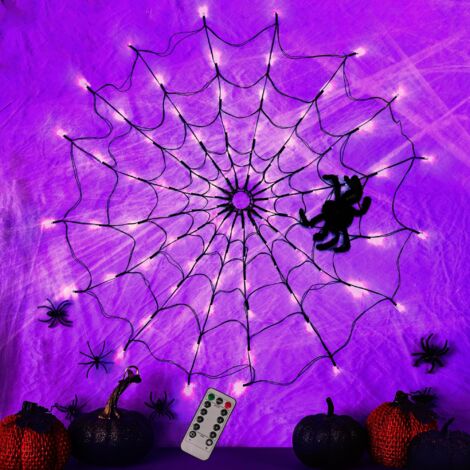 Décorations d'Halloween Lumières en forme de toile d'araignée - 1,2 m de diamètre, 96 LED avec araignée noire, lumières imperméables, télécommande, 8 modèles de décorations d'Halloween en forme de toi