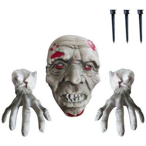 Décorations d'Halloween pour l'extérieur : piquets squelette effrayants, mains et visages de zombies à planter dans le jardin.