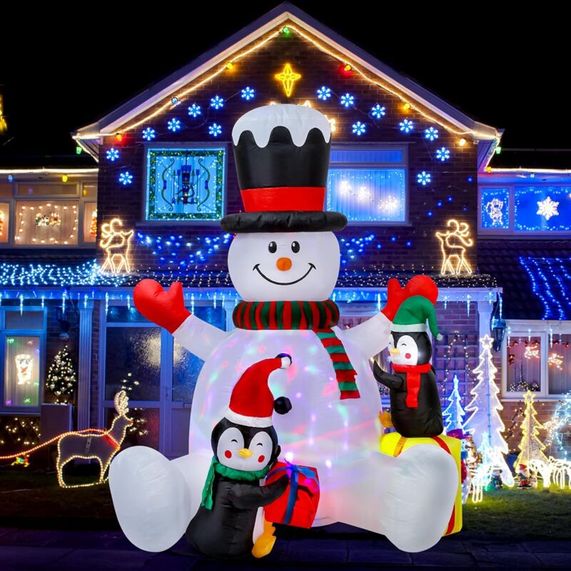 Décorations gonflables de Noël de 7 pieds pour l'extérieur, bonhomme de neige gonflable avec pingouin, boîte-cadeau, lumières led, décorations de