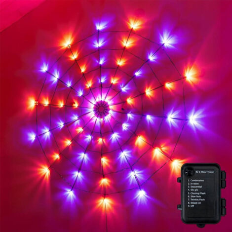 Décorations Halloween : Toile d'araignée Lumineuse 120cm - Guirlande LED 70 Ampoules Orange et Violet, 8 Modes avec Minuterie - Alimentation sur Piles