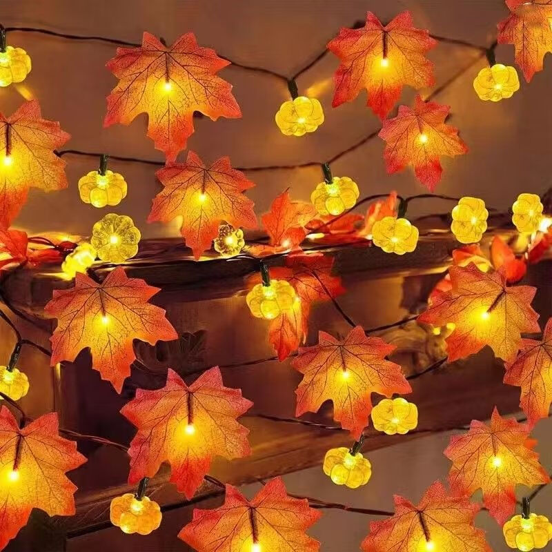 Decorations Lighted Leaf Garland, Autumn Maple Pumpkin String Lights 3M 20 Led With Battery, Fall Garlands For Autumn, Halloween, Christmas, Picnic,