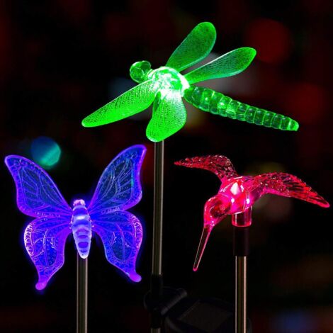 Décorations solaires de jardin Papillons, libellules, oiseaux Lumières, éclairage de chemin, (3 pièces)
