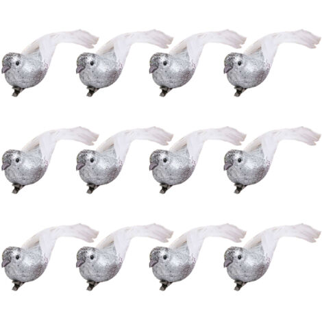 【Décoration】【Statues】【Miniatures】 Ensemble de 12 oiseaux simulation en argent miniatures en foam, plumes et clips métal pour jardin mariage décoration intérieure