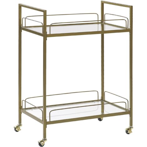 Decorative Kitchen Trolley Tempered Glass Top Metal Legs Wheels Gold Veneta