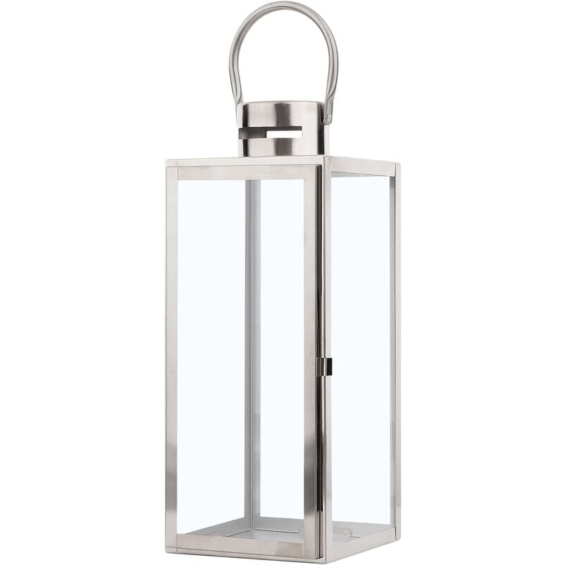 Modern Accent Lantern Decorative Metal Tempered Glass Candle Lamp Silver Cyprus