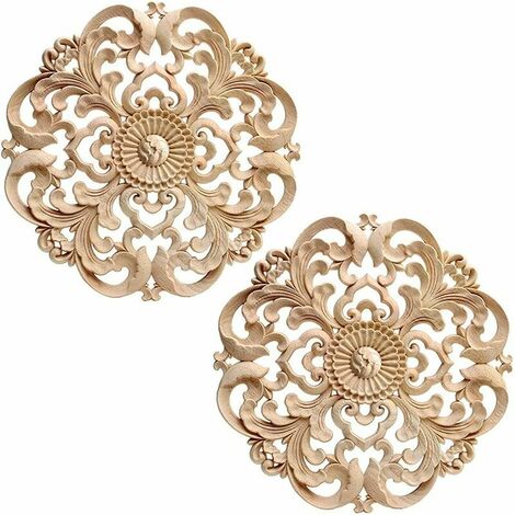 Decorative Molding Wood 2 Pieces Carved Wood Applique 15cm Round Carved Natural Wood Carved Furniture Applique Inlay Craft Flower Shape for Home Furniture Decoration