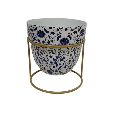 Decorative Planter in Stand - Iron - L13 x W13 x H13 cm - White/Blue