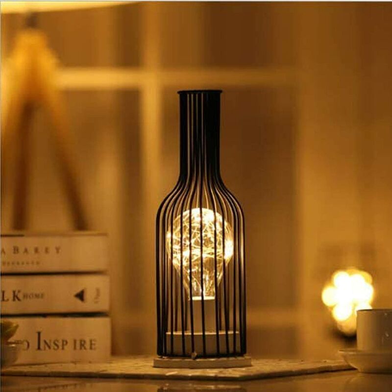 Decorative Table Lamp, Retro Table Lamp, Cage Style, Night Light, Retro, Battery Operated, Bedroom Desk Lamp [Energy Class A](Bottle of red wine)