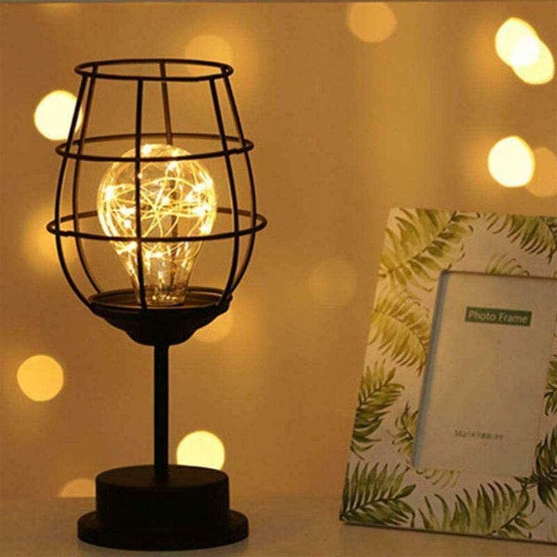 Decorative Table Lamp, Retro Table Lamp, Cage Style, Night Light, Retro, Battery Operated, Desk Lamp for Bedroom [Energy Class A](Red wine glass)