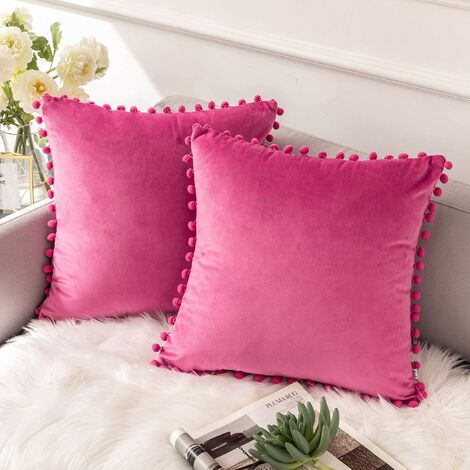 Decorative Throw Pillow Covers with Pom Poms Soft Particles Velvet Solid Cushion Covers 18 X 18 for Couch Bedroom Car, Pack of 2, Pink