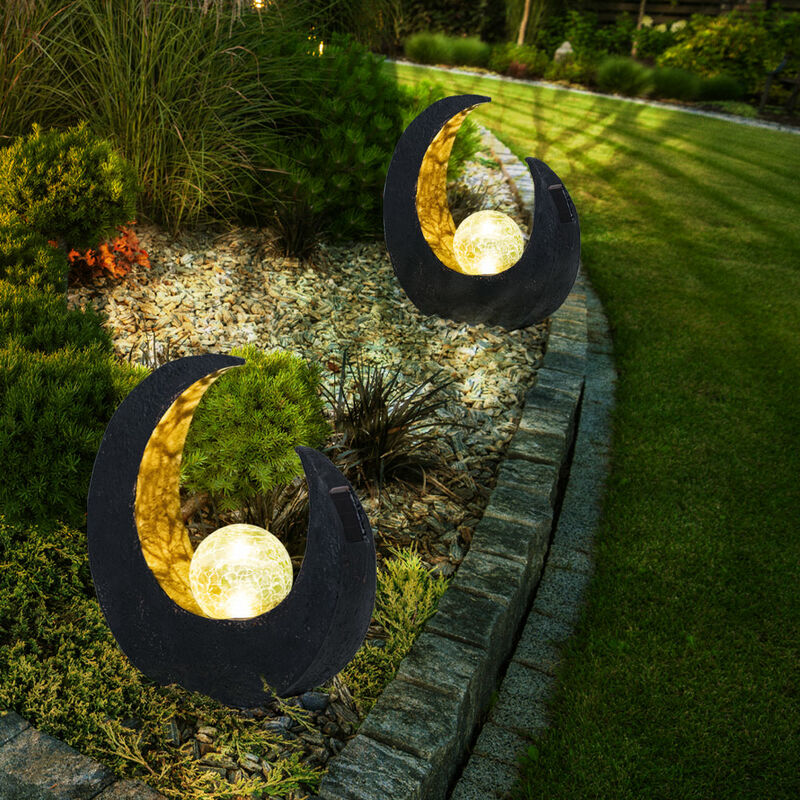 Image of Decorazione da giardino lampade solari per esterni, decorazione per balcone esterno palla di vetro luna oro nero, 1x led, LxPxA 29,4x9x30,5 cm, set