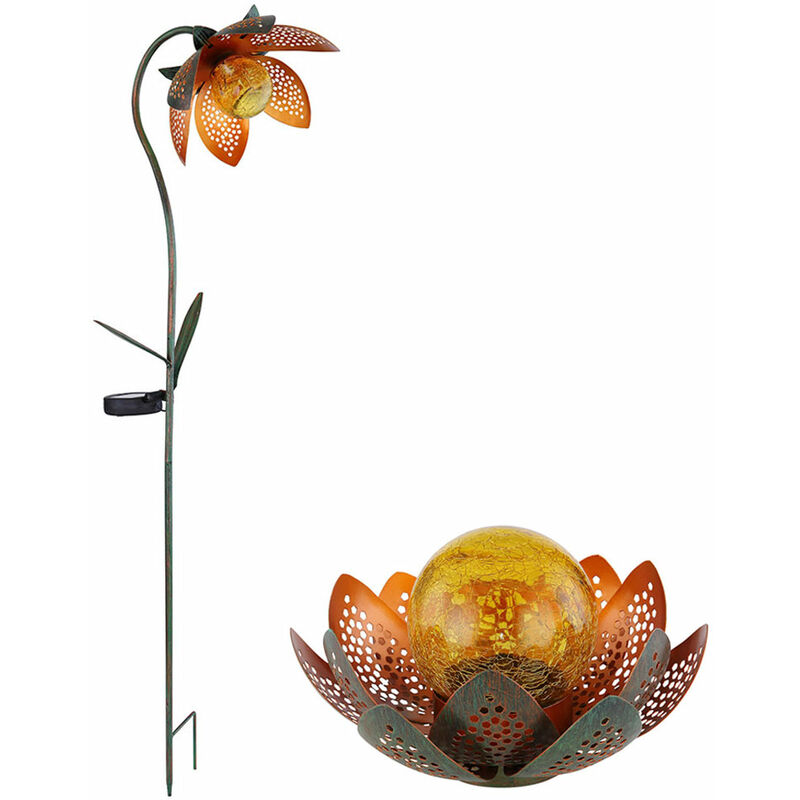 Image of Decorazione da giardino luce solare fiore di loto picchetto fiori luce esterna led lampada da giardino oro verde, sfera di vetro craquelé ambra, set