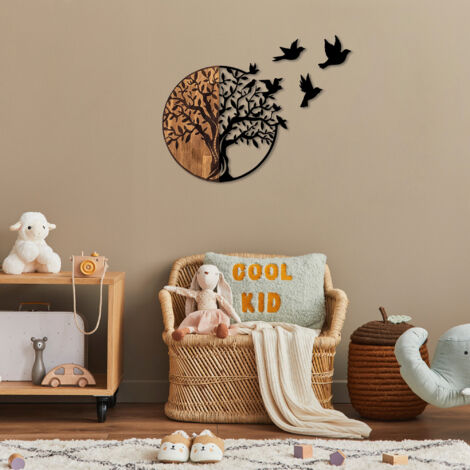 Decorazione da parete in legno e metallo, albero e uccelli, 92x71 cm, per soggiorno a tema natura o camera da letto per bambini