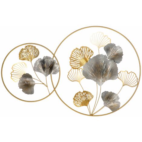 Decorazione Murale 3D in Metallo 138x70 cm Wall Art Dorata con Ginkgo Oro e Argento
