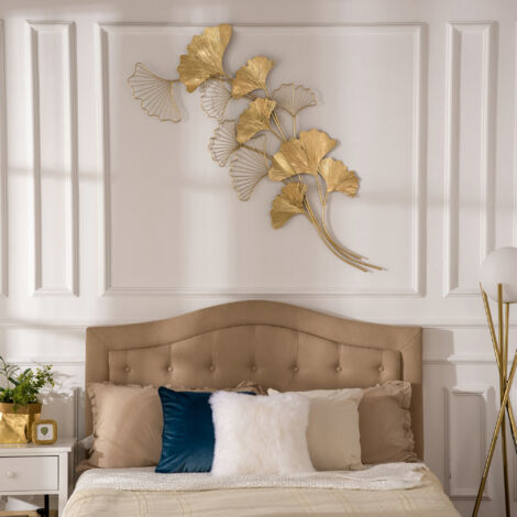 Decorazione Murale 3D in Metallo, Wall Art Dorata con Foglie di Ginkgo 138x70cm