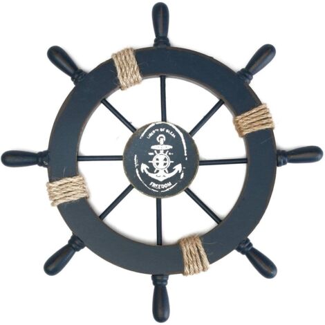 Decorazione murale con timone di nave in legno, blu scuro, nautico