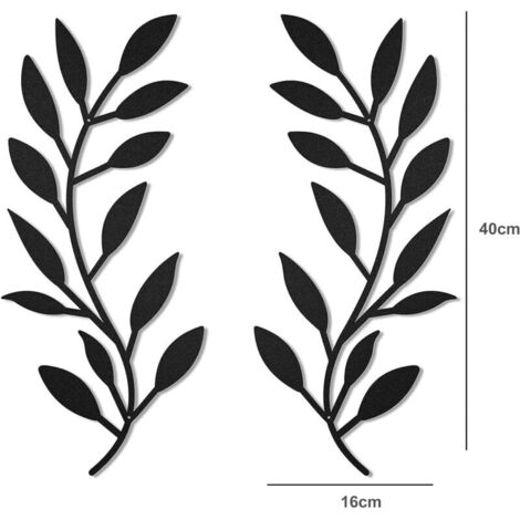 Decorazione murale in metallo a forma di foglia d'albero, 2 pezzi, ornamento murale a forma di ramo d'ulivo e foglia, scultura da appendere alla parete (Nero)