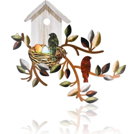 Decorazione murale in metallo a forma di uccello, decorazione murale per esterni, albero in metallo sospeso con casetta per uccelli, decorazione murale per giardini interni ed esterni