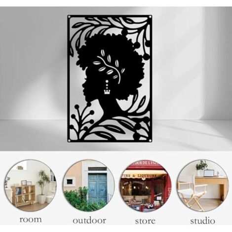 Decorazione murale in metallo raffigurante una donna africana, silhouette nera da appendere, scultura da parete per casa, camera da letto, soggiorno, bagno, cucina, ufficio, hotel, 30x20 cm