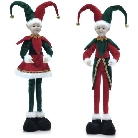 Decorazione Natalizia Coppia di Elfi Gnomi Giullari di Corte GRANDI H57 cm, Colorati e Festivi  in Rosso e Verde