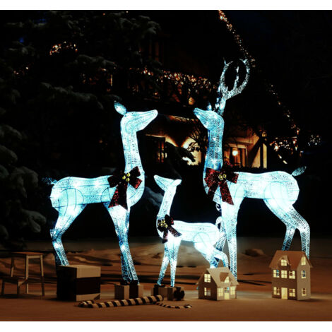 Decorazione Natalizia Famiglia di Renne Bianco Argento 201 LED