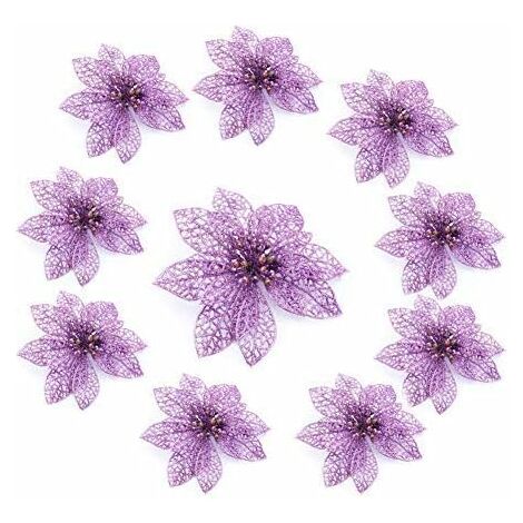 Decorazione natalizia Glitter Viola Fiori di Natale Hollow Tessuto artificiale Simulazione Fiori dell'albero di Natale per l'ornamento della festa nuziale (10 pezzi)