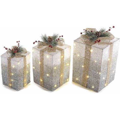 Decorazione Natalizia Luminosa a Forma di Pacchi Regalo con Rametti e Fiocco Addobbo Luminoso per Vetrine e Negozi Decorazione Sotto Albero di Natale Set 3 pezzi
